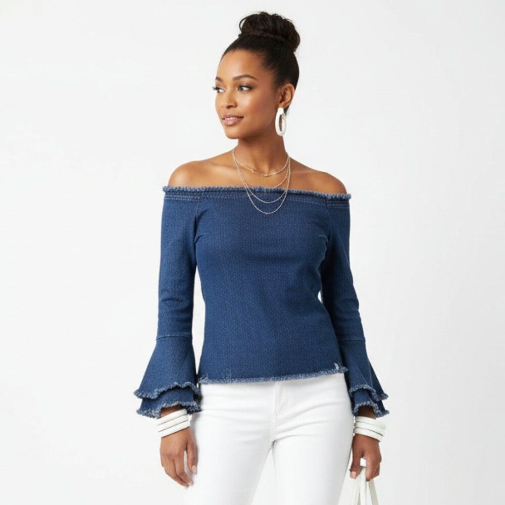 Venus Blue Denim Long Bell Sleeve Peasant Boho Farmhouse Cottage Blouse Top XS